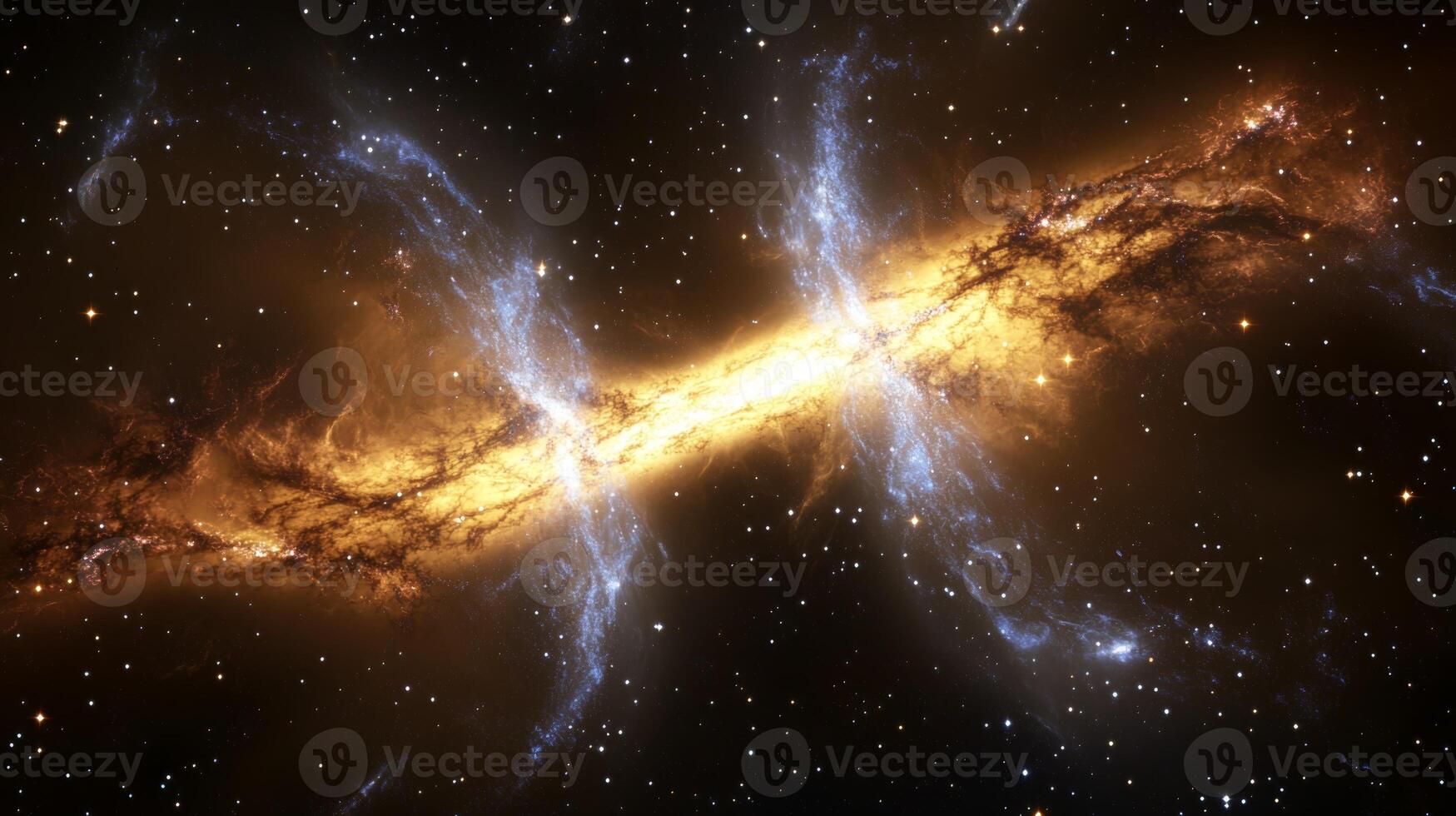 A mesmerizing view of two galaxies colliding, their stars and gas swirling in cosmic chaos photo