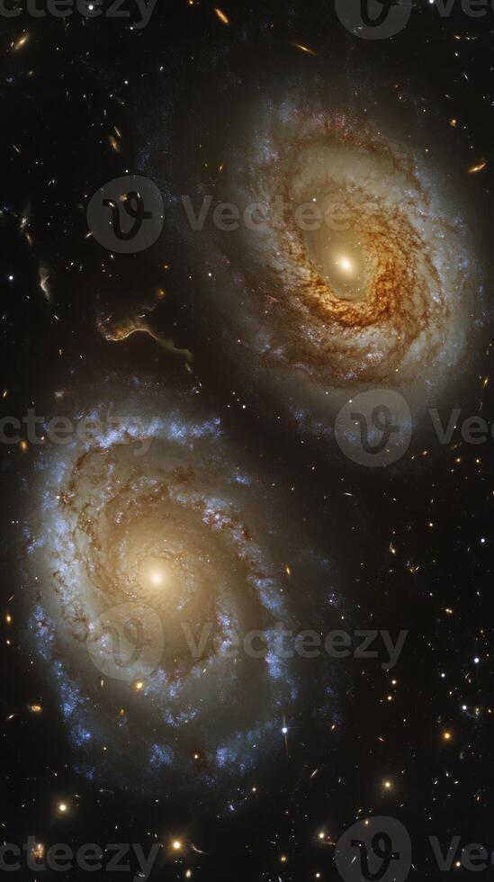 A mesmerizing view of two galaxies colliding, their stars and gas swirling in cosmic chaos photo