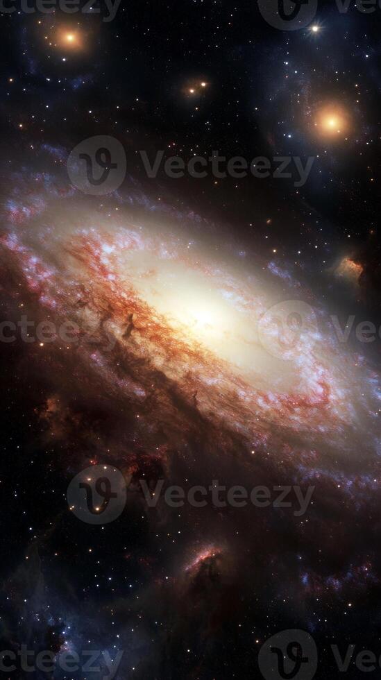 A sprawling view of a distant galaxy with swirling nebulae and glowing stars photo