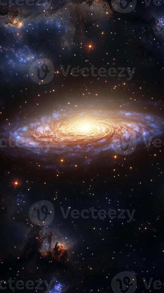A sprawling view of a distant galaxy with swirling nebulae and glowing stars photo