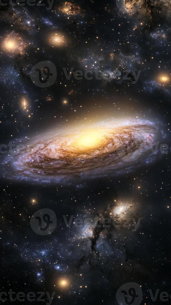 A sprawling view of a distant galaxy with swirling nebulae and glowing stars photo