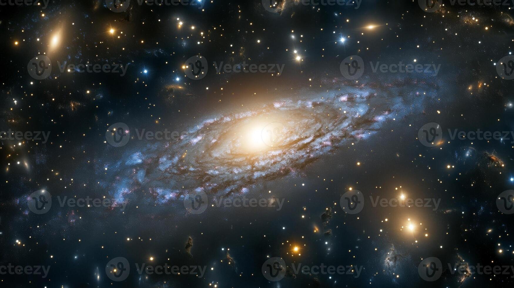 A sprawling view of a distant galaxy with swirling nebulae and glowing stars photo