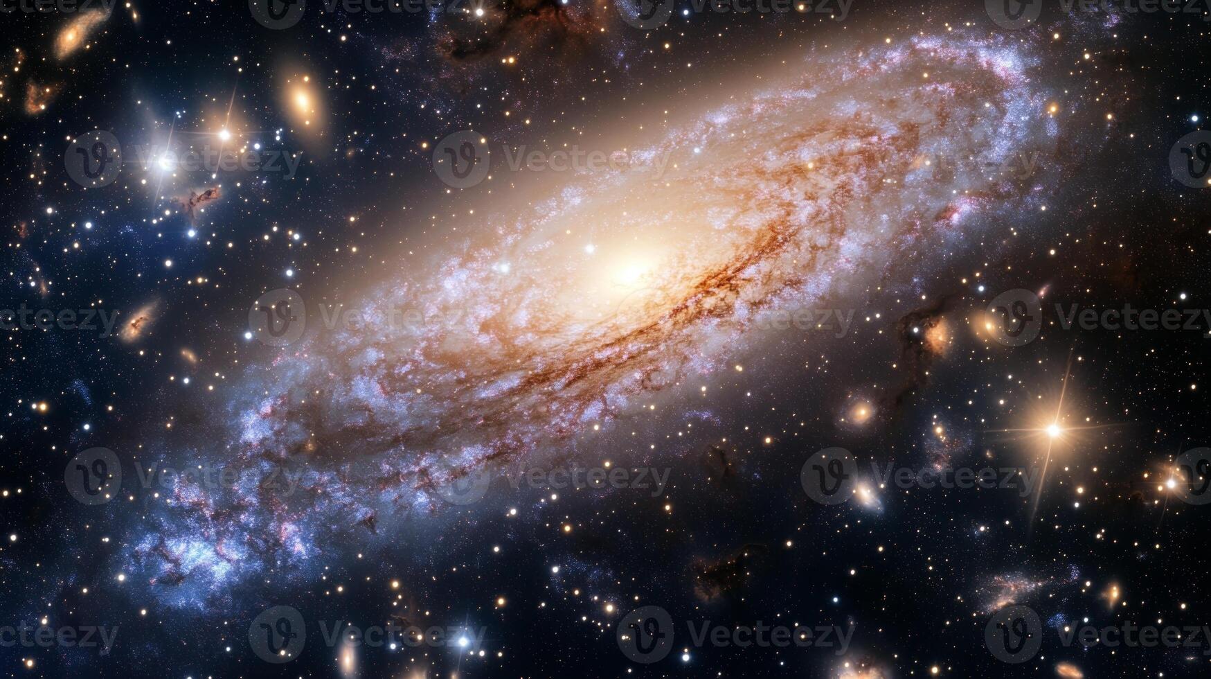 A sprawling view of a distant galaxy with swirling nebulae and glowing stars photo