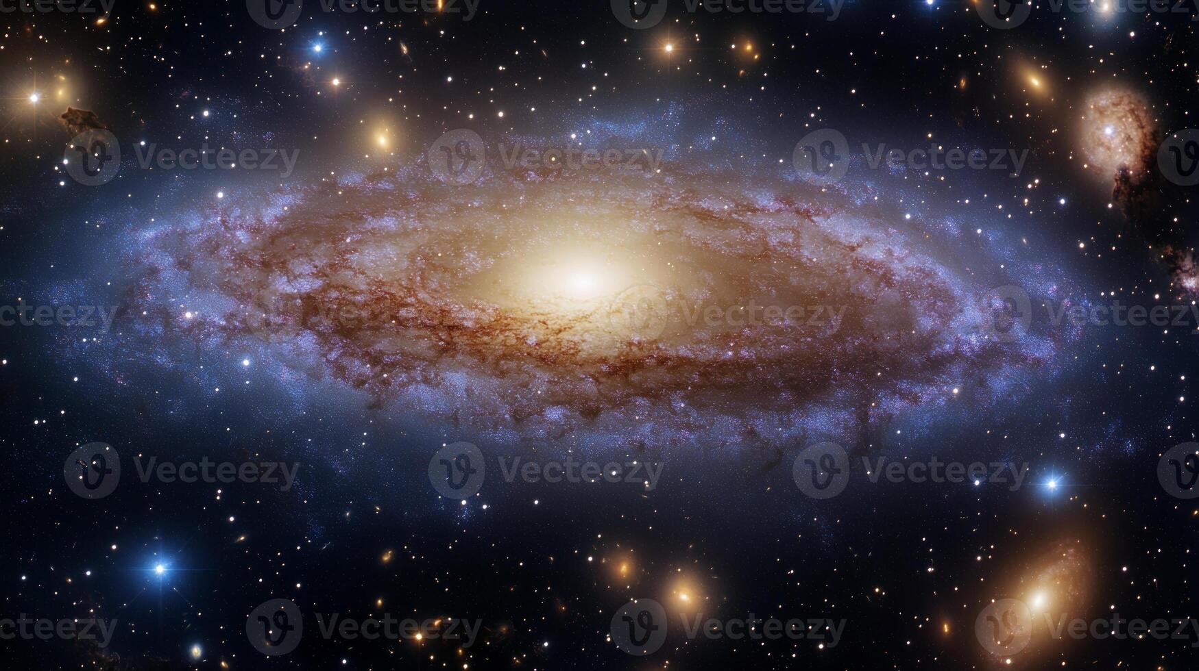 A sprawling view of a distant galaxy with swirling nebulae and glowing stars photo