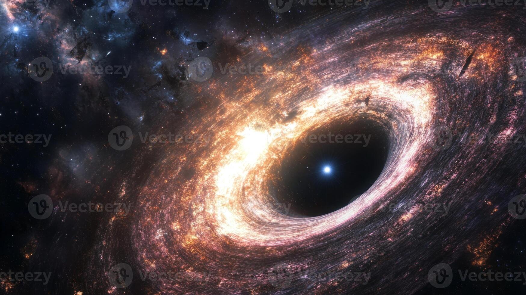 A vast galactic horizon with a black hole at its center, pulling in light and matter photo