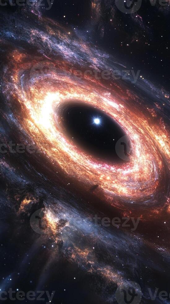 A vast galactic horizon with a black hole at its center, pulling in light and matter photo