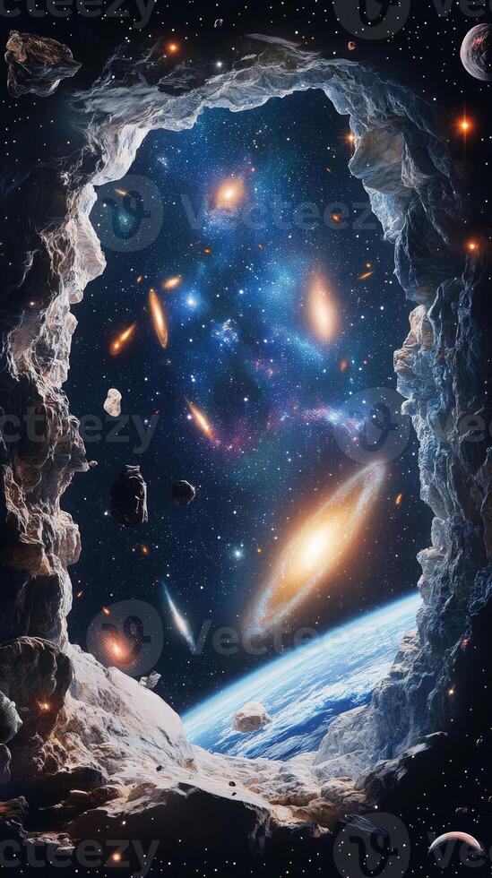 A view of a colossal space structure with distant galaxies and stars shimmering behind it photo