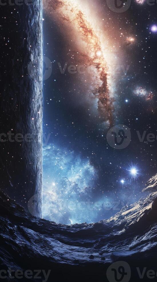 A view of a colossal space structure with distant galaxies and stars shimmering behind it photo