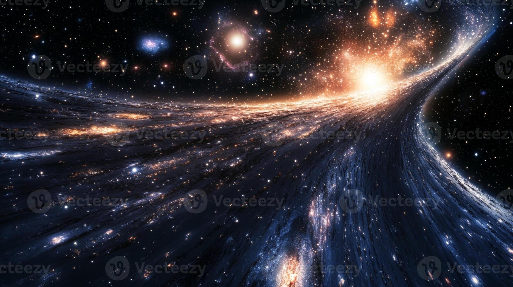 A view of a colossal space structure with distant galaxies and stars shimmering behind it photo