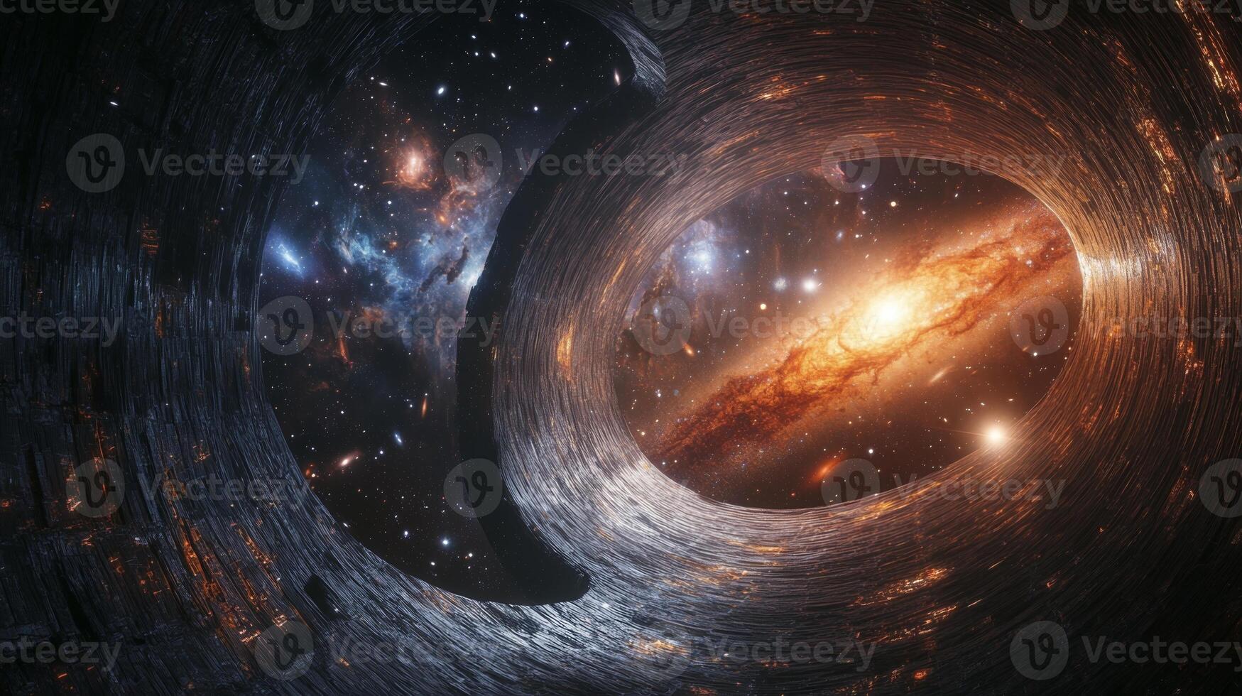 A view of a colossal space structure with distant galaxies and stars shimmering behind it photo