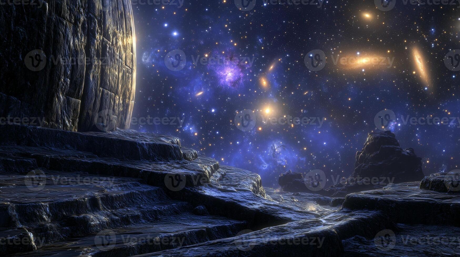 A view of a colossal space structure with distant galaxies and stars shimmering behind it photo