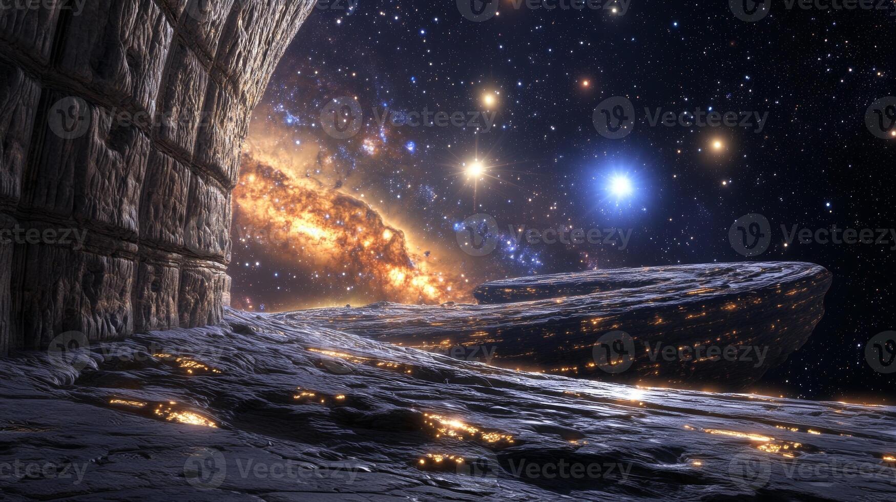 A view of a colossal space structure with distant galaxies and stars shimmering behind it photo