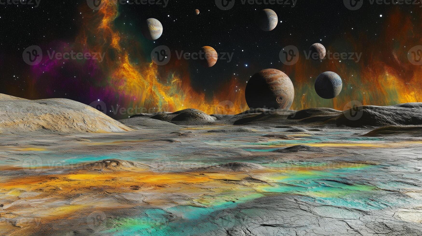 An alien planet surface with colorful gases and multiple moons visible in the sky photo