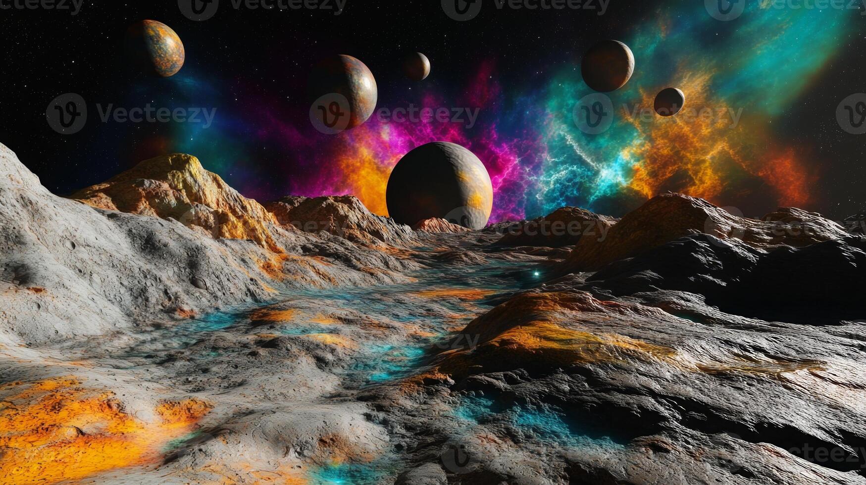 An alien planet surface with colorful gases and multiple moons visible in the sky photo