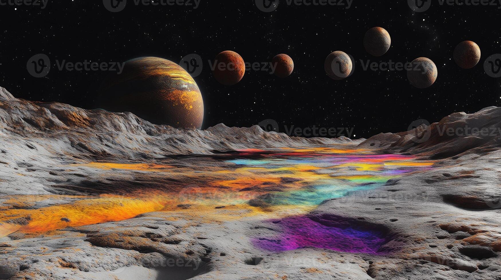 An alien planet surface with colorful gases and multiple moons visible in the sky photo