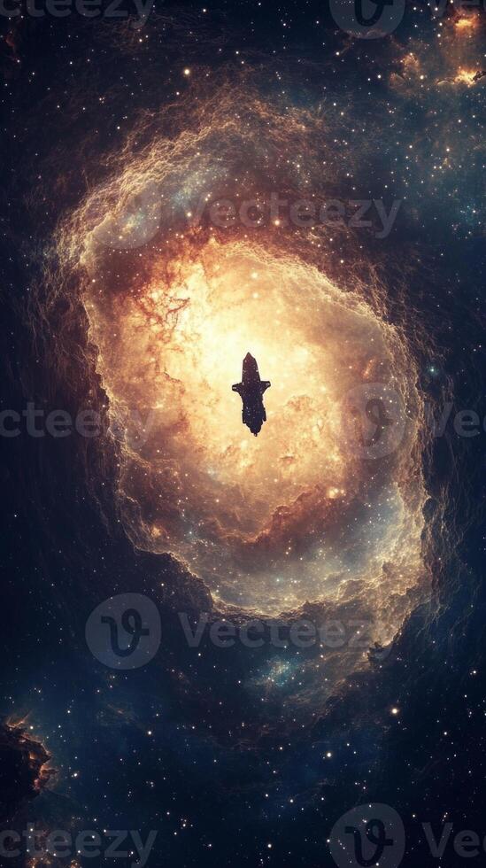 A deep cosmic abyss with a starship silhouetted against the glowing galaxy backdrop photo