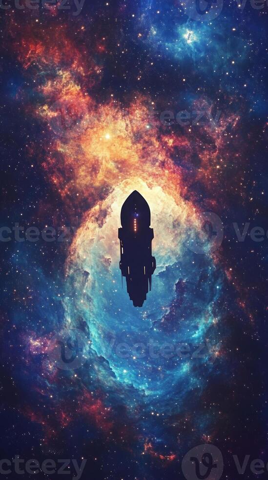 A deep cosmic abyss with a starship silhouetted against the glowing galaxy backdrop photo