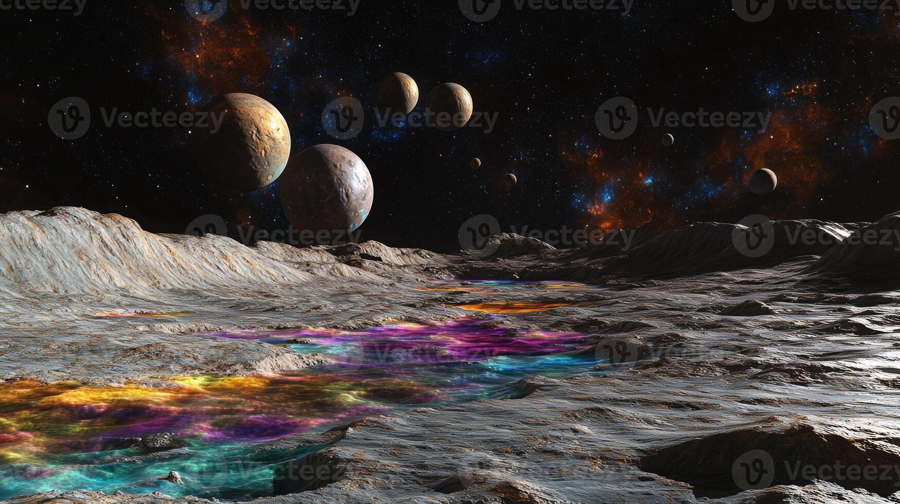 An alien planet surface with colorful gases and multiple moons visible in the sky photo