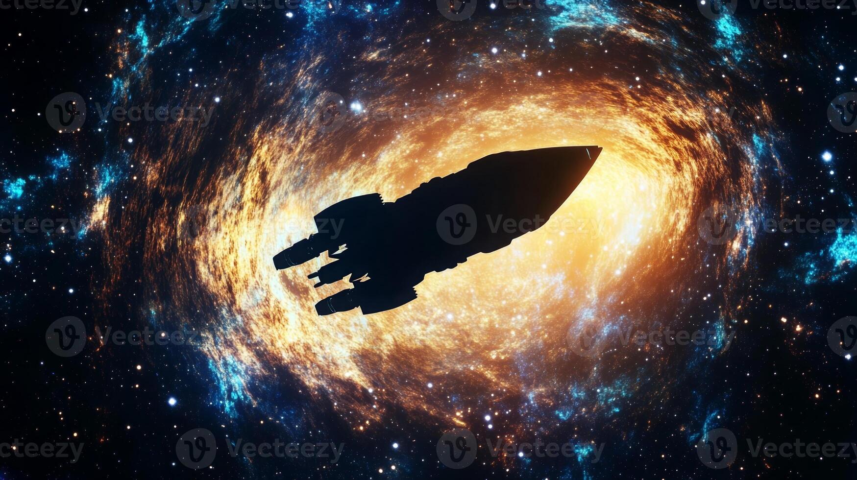 A deep cosmic abyss with a starship silhouetted against the glowing galaxy backdrop photo