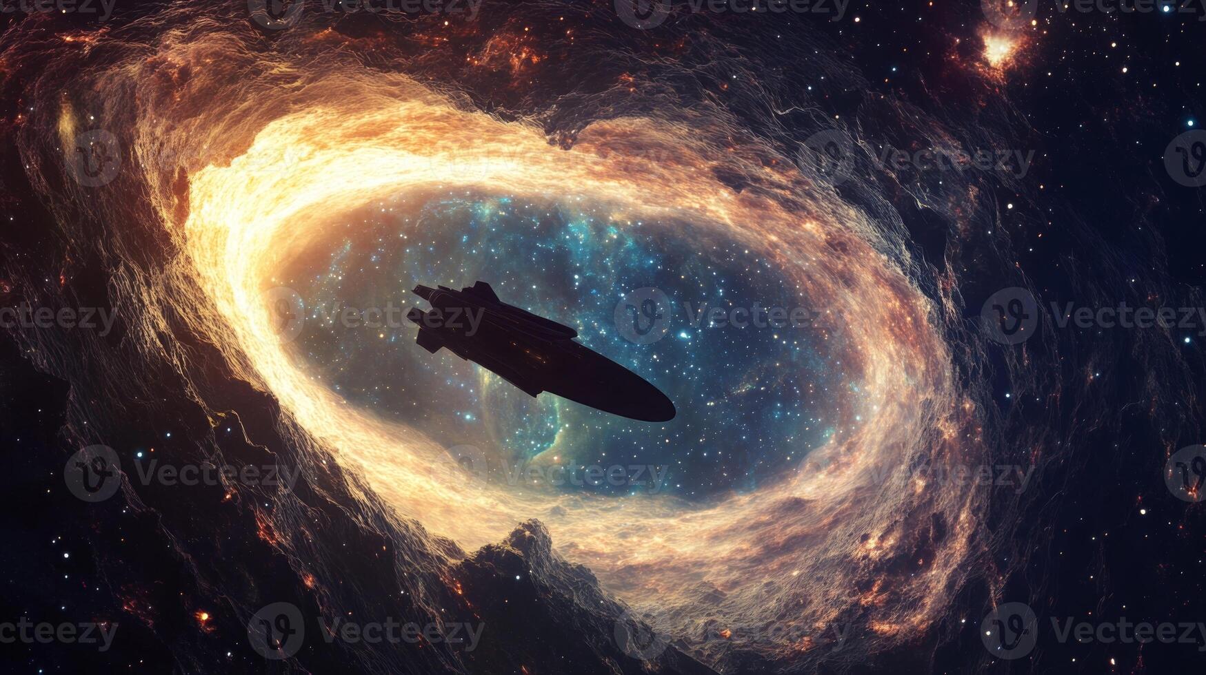 A deep cosmic abyss with a starship silhouetted against the glowing galaxy backdrop photo