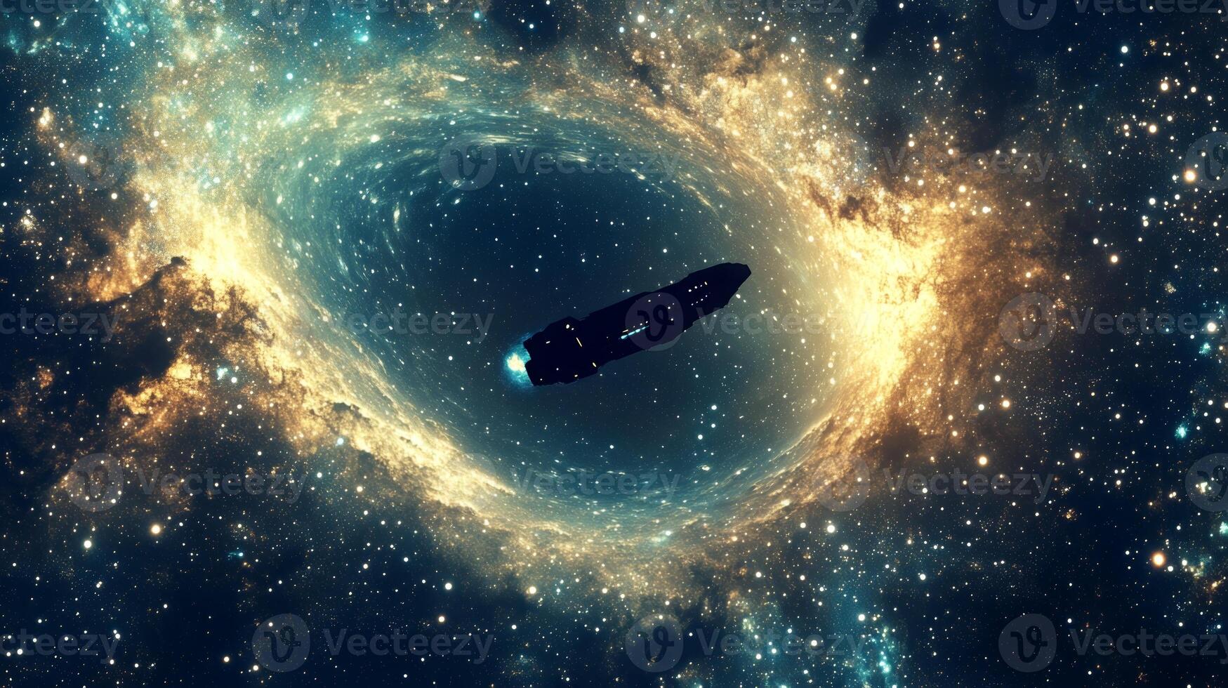 A deep cosmic abyss with a starship silhouetted against the glowing galaxy backdrop photo