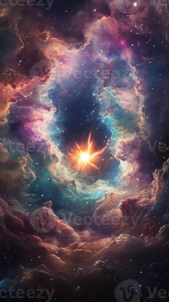 A galactic rift showing a supernova explosion, with vibrant space clouds swirling around photo