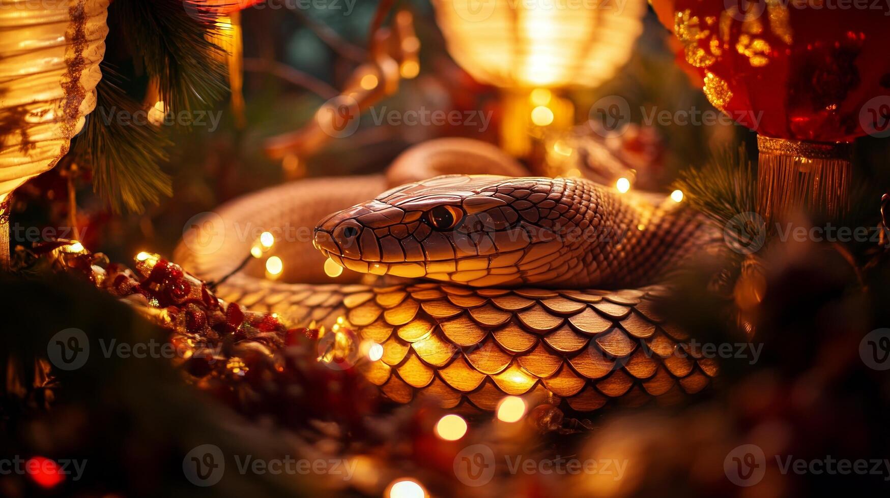 Snake scales highlighted by Chinese lantern light, with festive decorations subtly surrounding the scene in a New Year setting photo