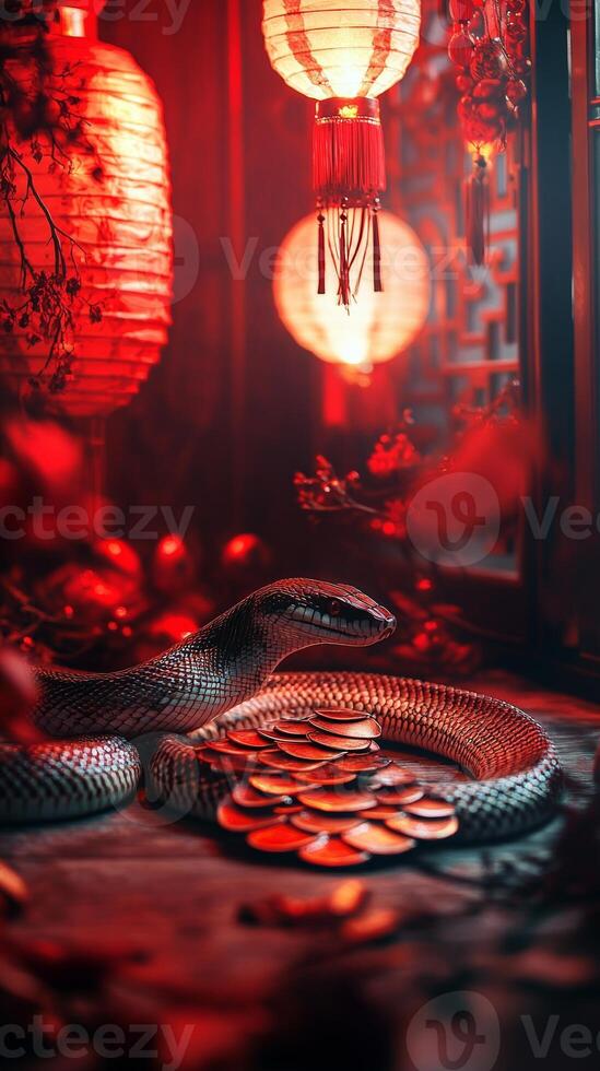Snake scales highlighted by Chinese lantern light, with festive decorations subtly surrounding the scene in a New Year setting photo