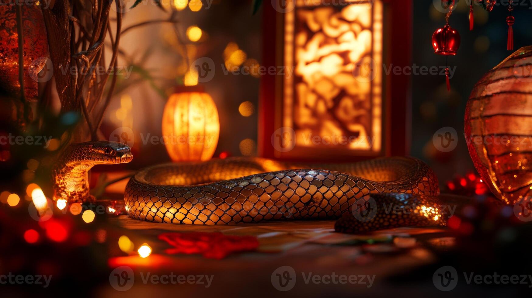 Snake scales highlighted by Chinese lantern light, with festive decorations subtly surrounding the scene in a New Year setting photo