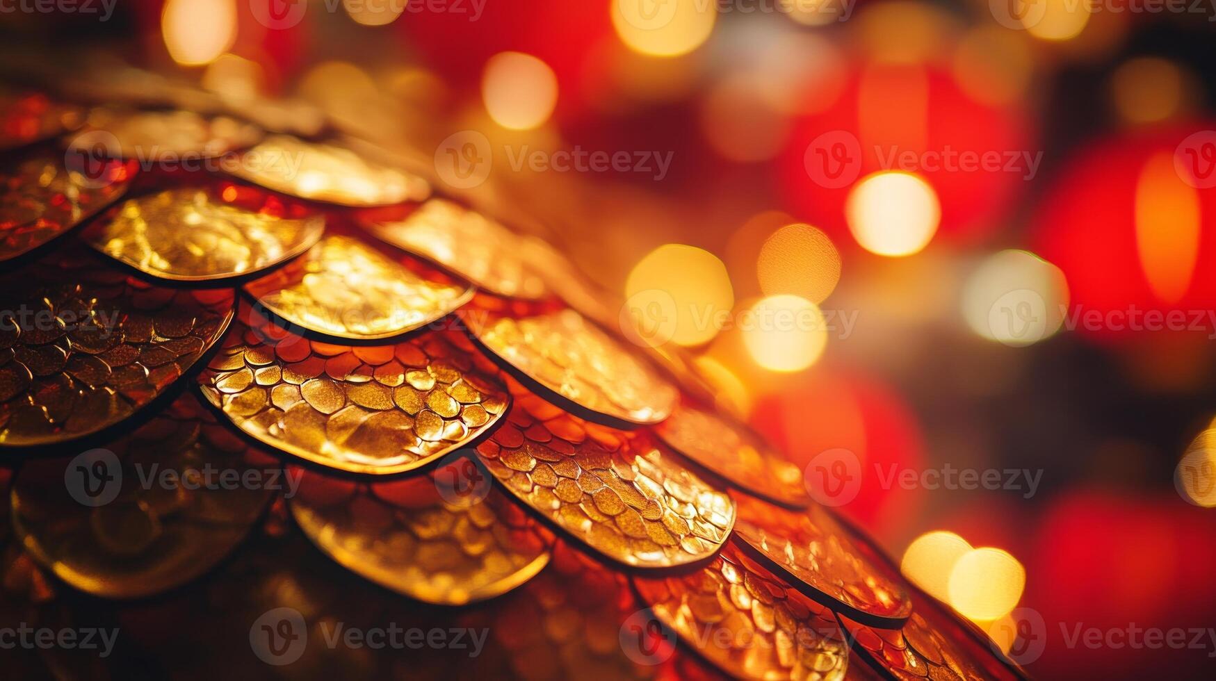 A close-up of snake scales glowing under soft red and gold lantern lights, with subtle Chinese New Year decorations in the background photo