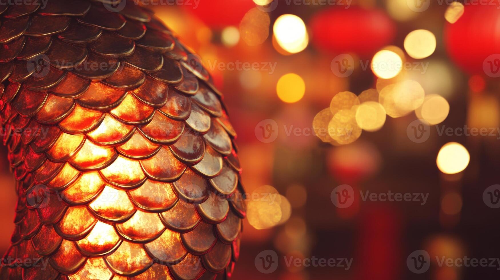 A close-up of snake scales glowing under soft red and gold lantern lights, with subtle Chinese New Year decorations in the background photo