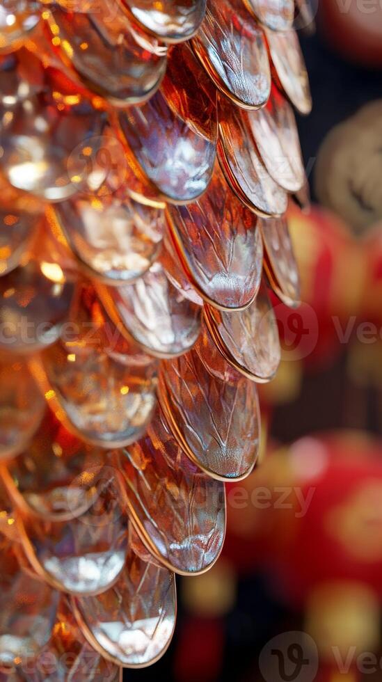 Detailed close-up of shimmering snake scales, with traditional Chinese New Year symbols faintly visible in the background photo
