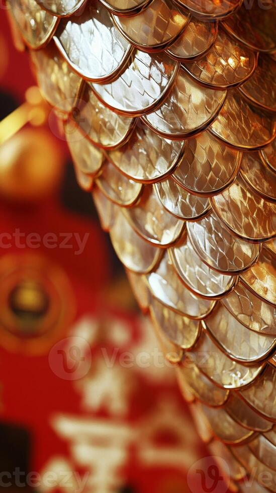 Detailed close-up of shimmering snake scales, with traditional Chinese New Year symbols faintly visible in the background photo