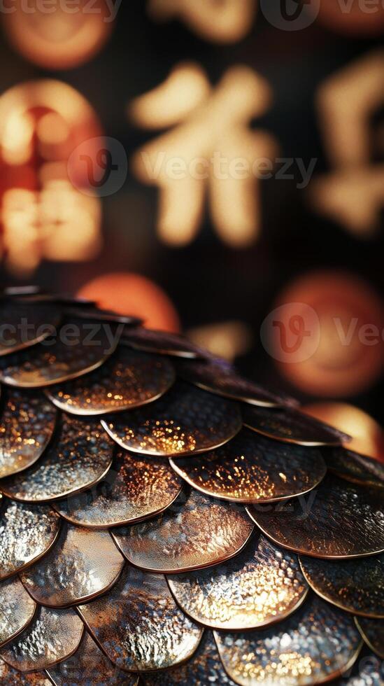 Detailed close-up of shimmering snake scales, with traditional Chinese New Year symbols faintly visible in the background photo