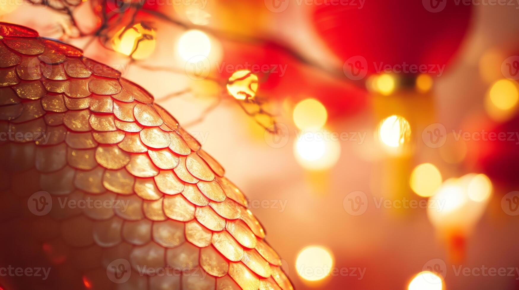 A close-up of snake scales glowing under soft red and gold lantern lights, with subtle Chinese New Year decorations in the background photo