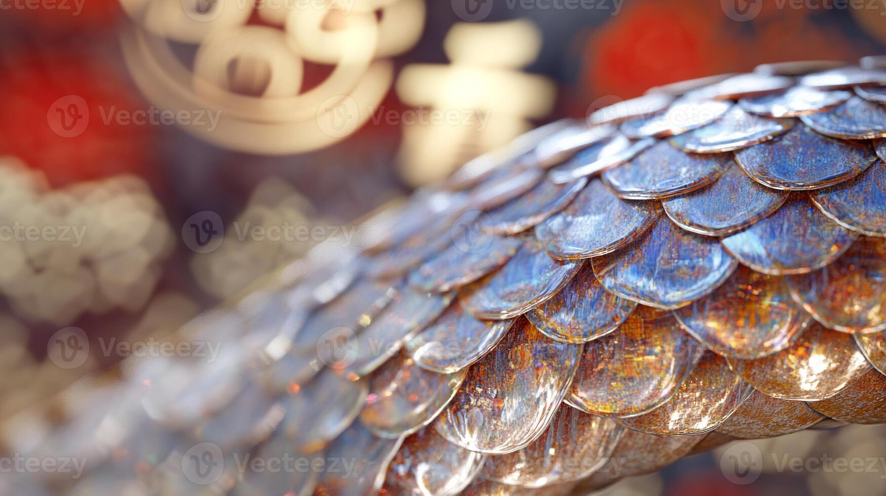 Detailed close-up of shimmering snake scales, with traditional Chinese New Year symbols faintly visible in the background photo
