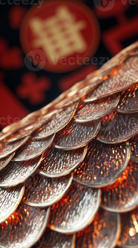 Detailed close-up of shimmering snake scales, with traditional Chinese New Year symbols faintly visible in the background photo