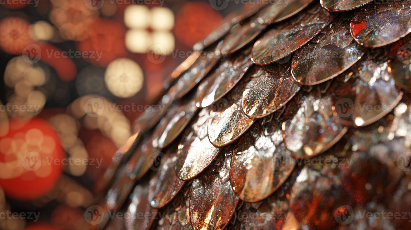 Detailed close-up of shimmering snake scales, with traditional Chinese New Year symbols faintly visible in the background photo