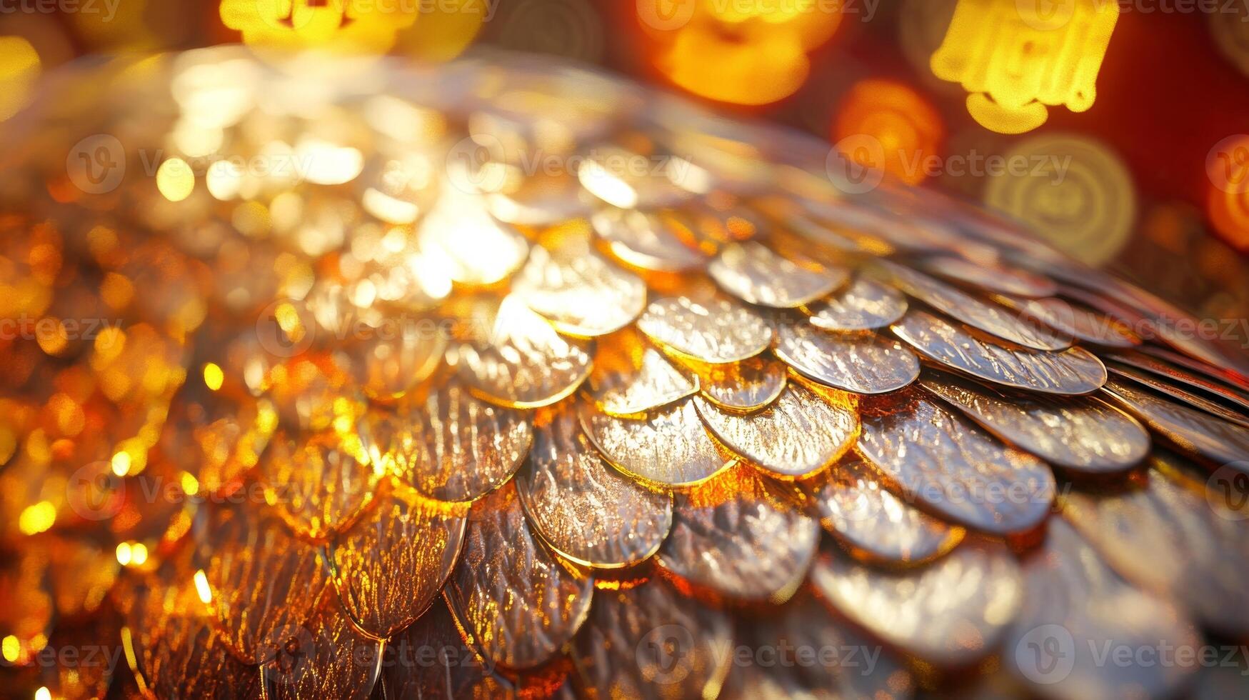Detailed close-up of shimmering snake scales, with traditional Chinese New Year symbols faintly visible in the background photo