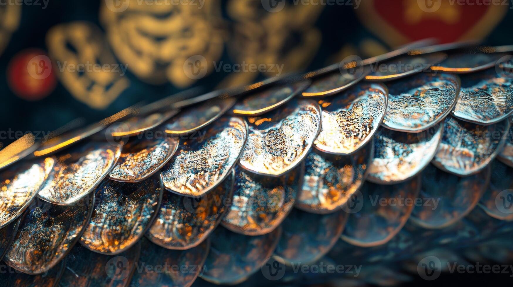 Detailed close-up of shimmering snake scales, with traditional Chinese New Year symbols faintly visible in the background photo