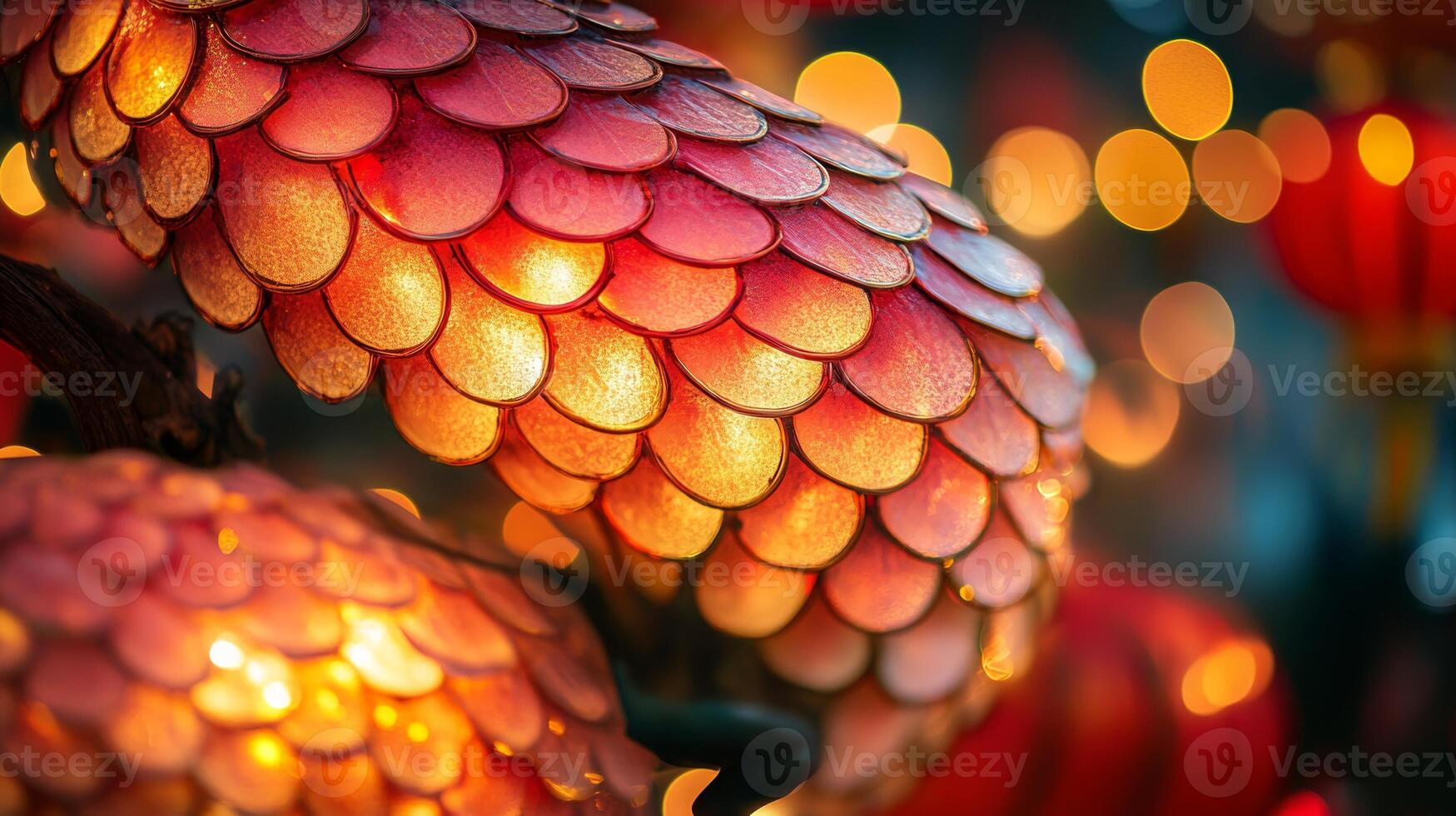 Illuminated snake scales with soft red and gold hues, against the backdrop of Chinese New Year festivities and lanterns photo
