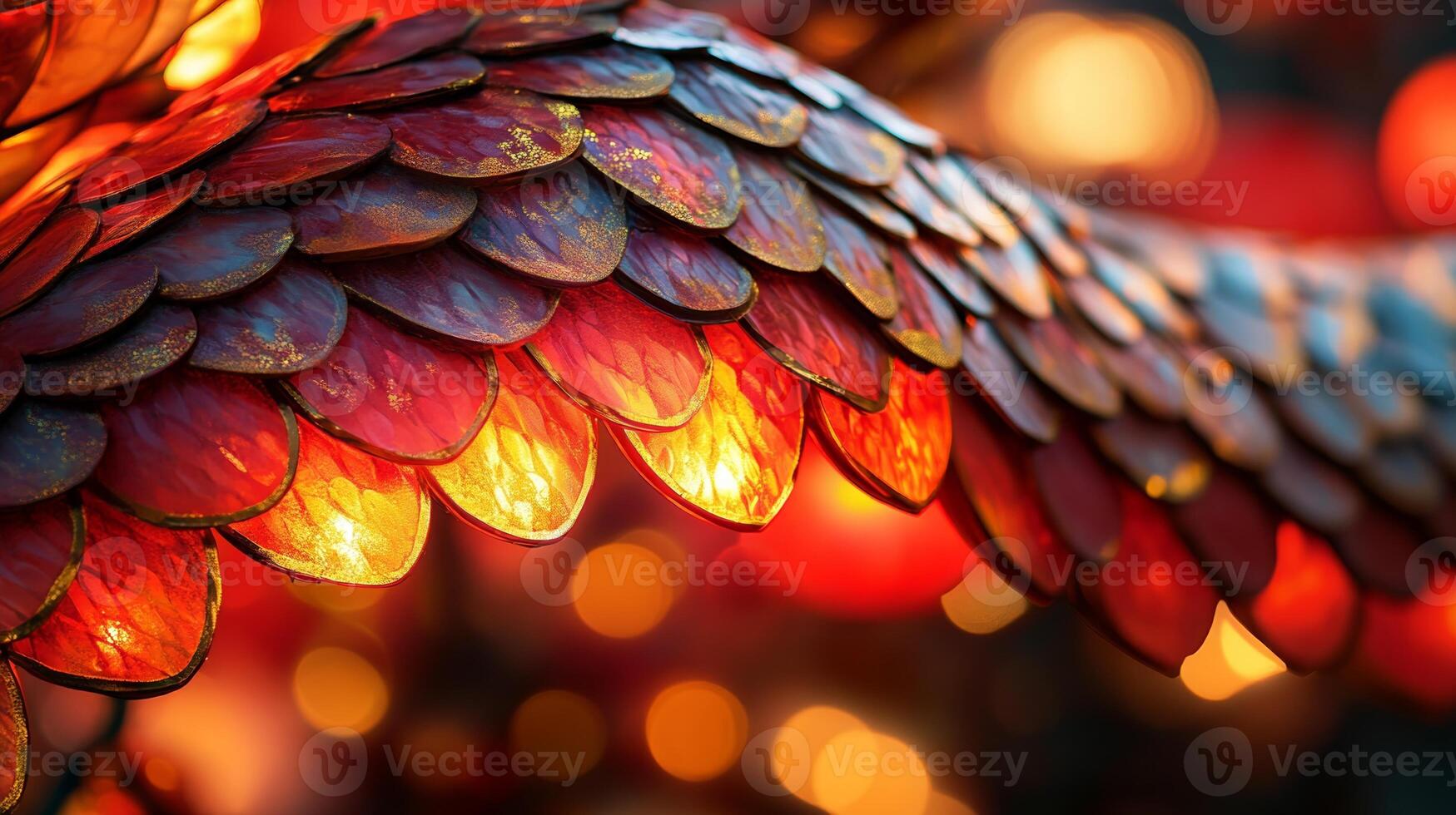 Illuminated snake scales with soft red and gold hues, against the backdrop of Chinese New Year festivities and lanterns photo
