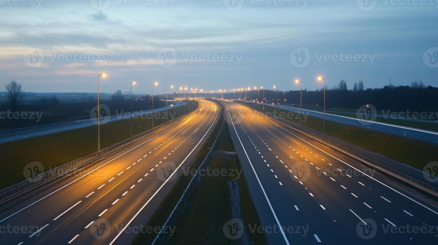 A quiet highway at dusk, illuminated by streetlights, with a soft glow on the asphalt photo