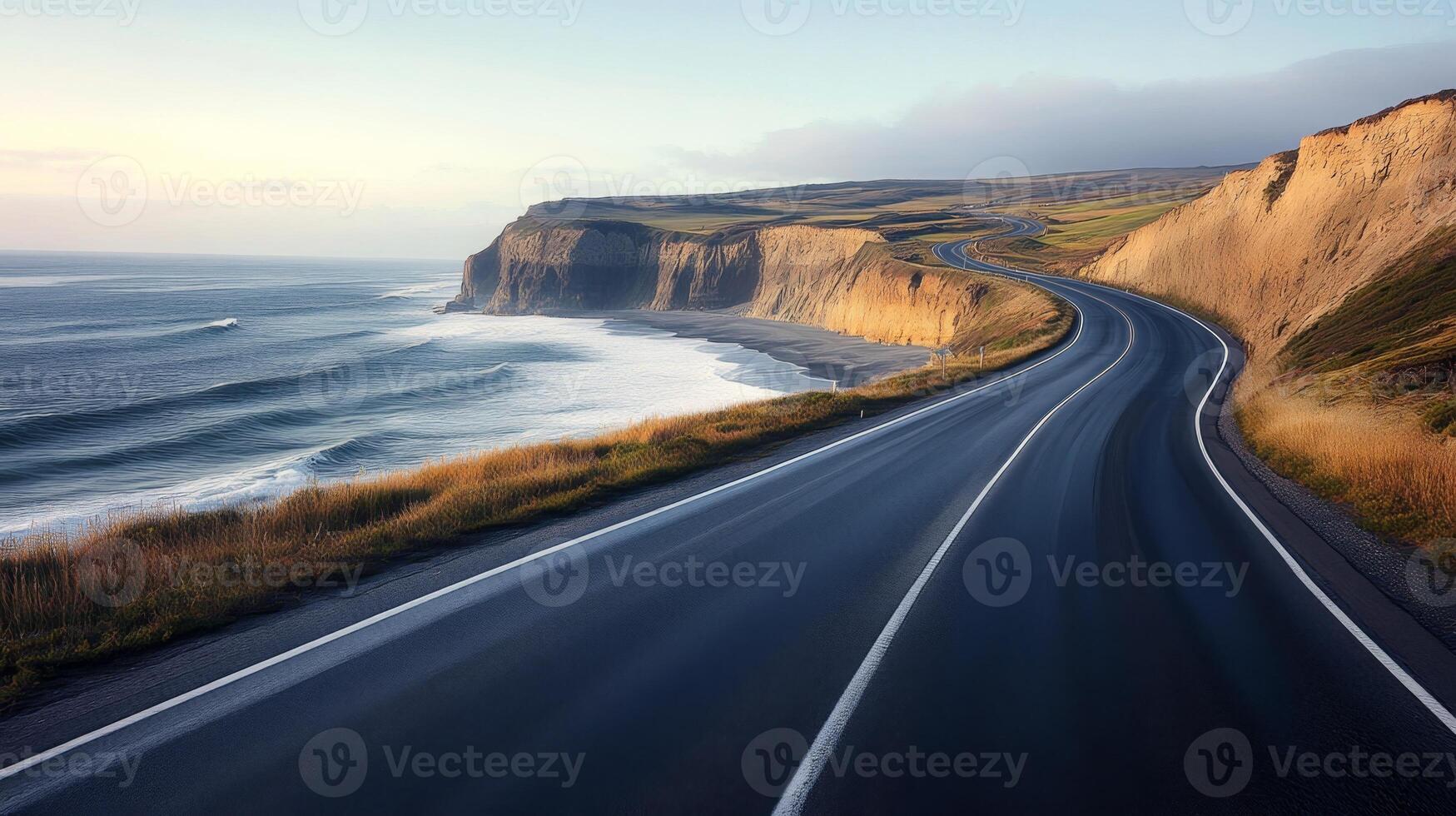Empty coastal highway hugging the shoreline, with the ocean to one side and cliffs on the other photo