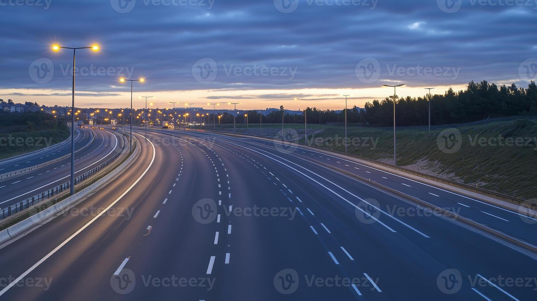 A quiet highway at dusk, illuminated by streetlights, with a soft glow on the asphalt photo