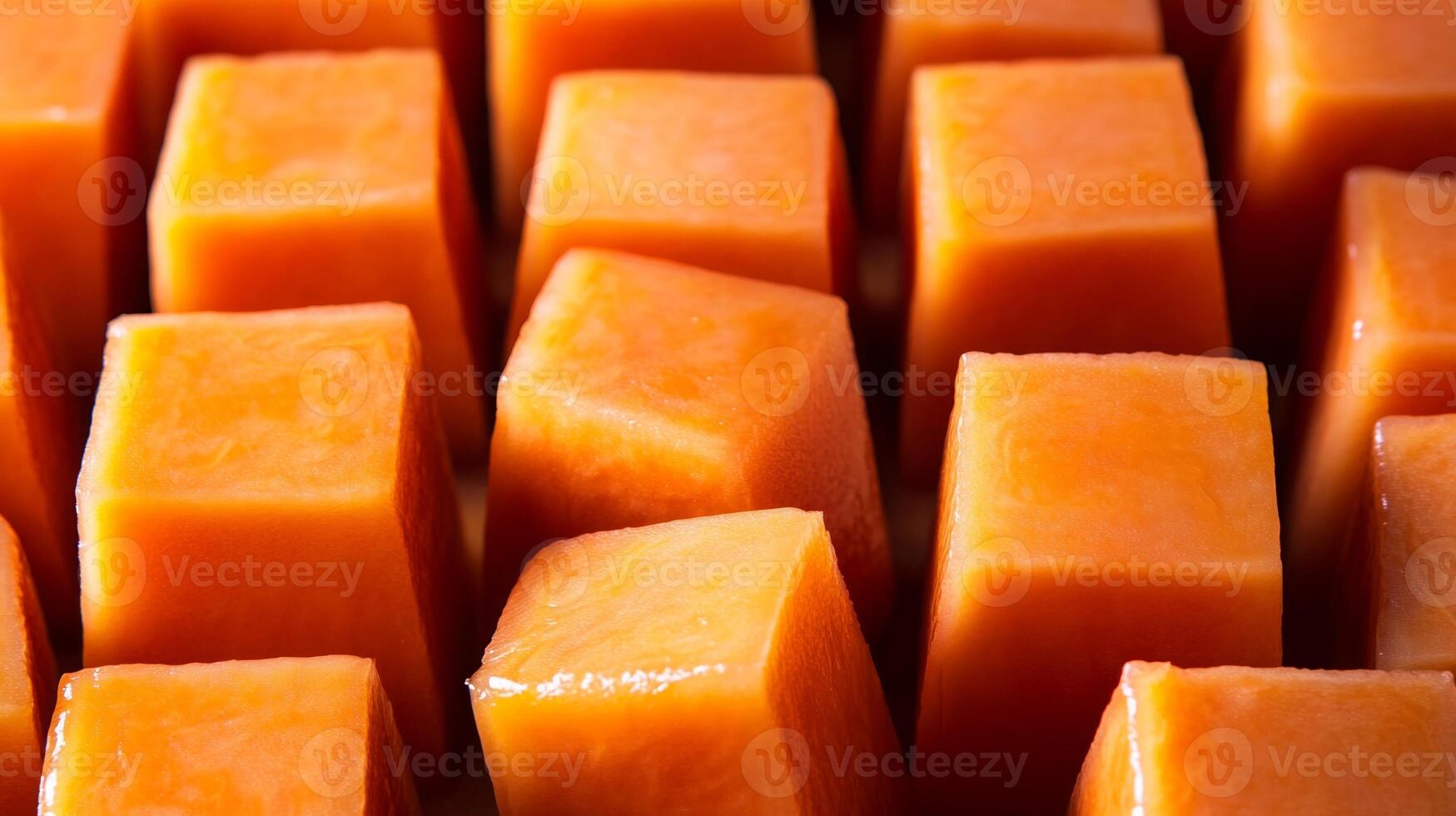Perfectly aligned rows of papaya cubes, filling the frame with bright orange and geometric patterns photo