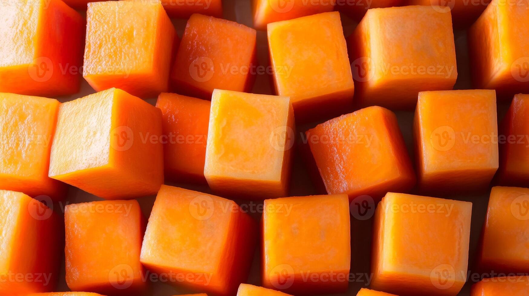 Perfectly aligned rows of papaya cubes, filling the frame with bright orange and geometric patterns photo