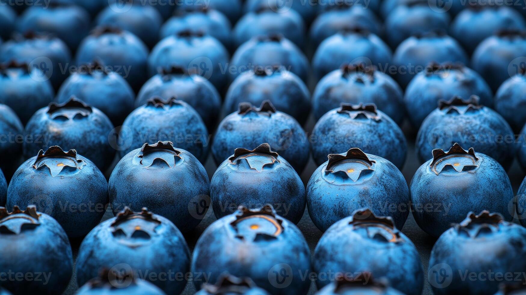 Perfectly arranged rows of blueberries in a geometric pattern, filling the frame with deep blue tones photo