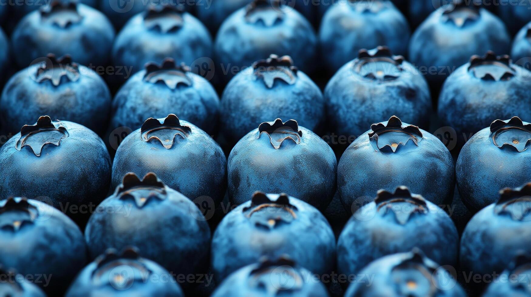 Perfectly arranged rows of blueberries in a geometric pattern, filling the frame with deep blue tones photo