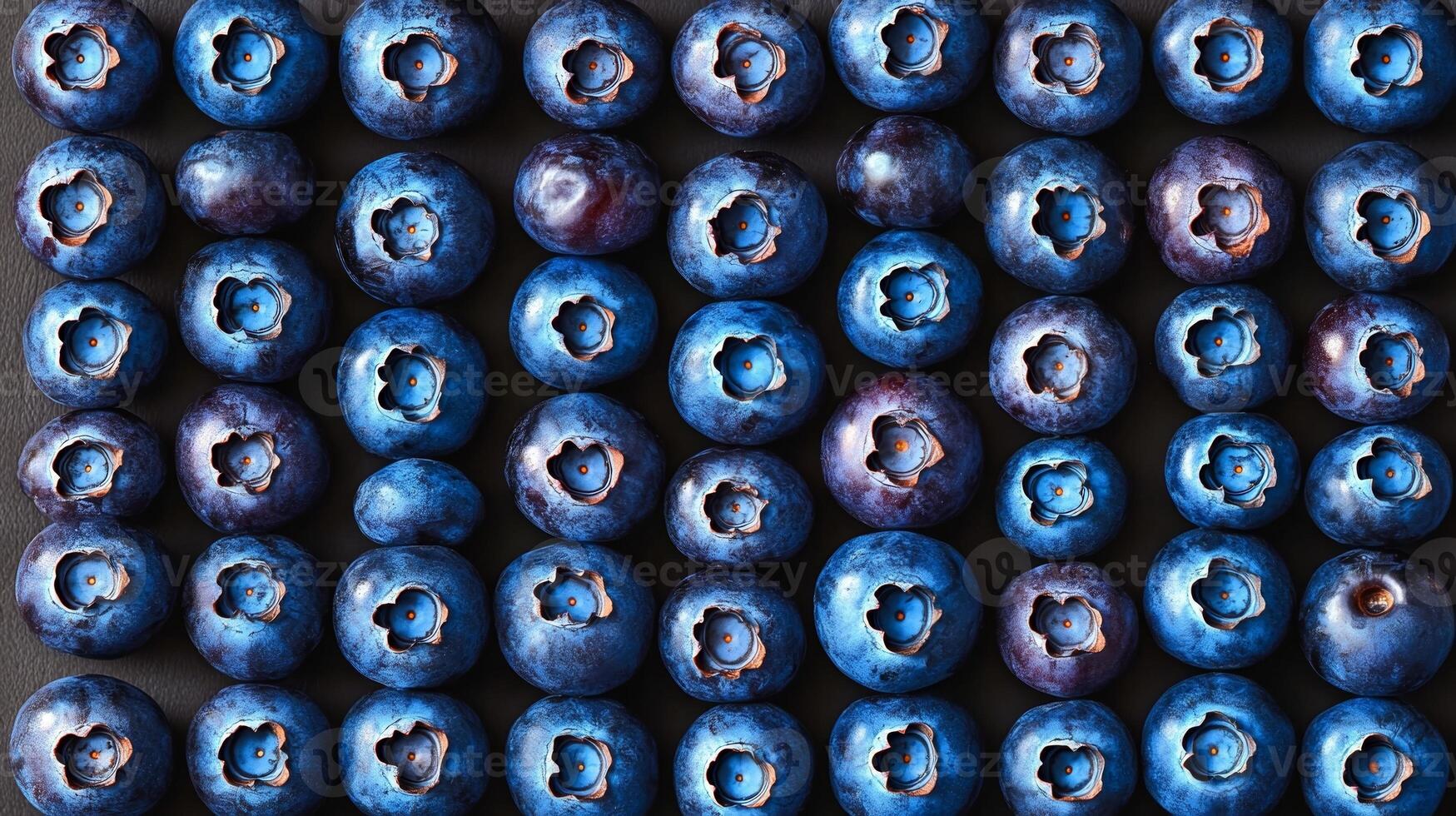 Perfectly arranged rows of blueberries in a geometric pattern, filling the frame with deep blue tones photo